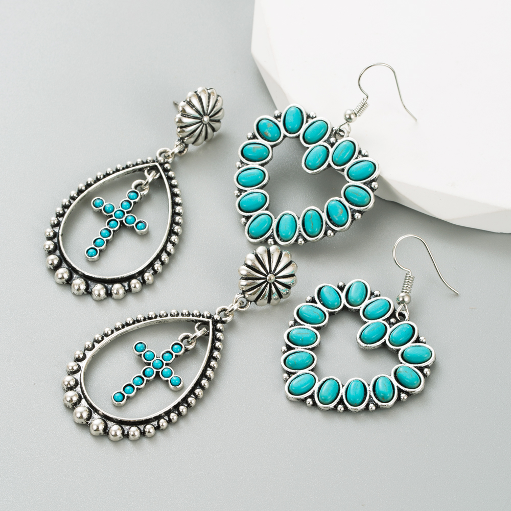 Retro Cross Water Droplets Heart Shape Alloy Inlay Turquoise Womenu0027S Drop Earrings 1 Pair