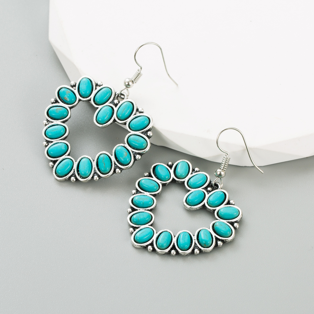 Retro Cross Water Droplets Heart Shape Alloy Inlay Turquoise Womenu0027S Drop Earrings 1 Pair