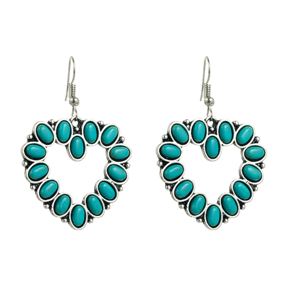 Retro Cross Water Droplets Heart Shape Alloy Inlay Turquoise Womenu0027S Drop Earrings 1 Pair