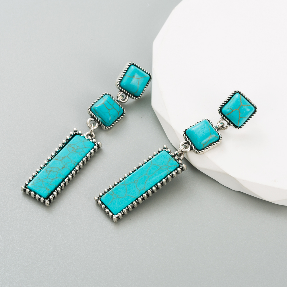 Ethnic Style Square Rectangle Alloy Inlay Turquoise Womenu0027S Drop Earrings 1 Pair