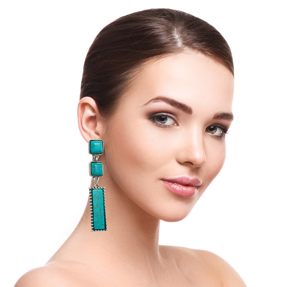 Ethnic Style Square Rectangle Alloy Inlay Turquoise Womenu0027S Drop Earrings 1 Pair