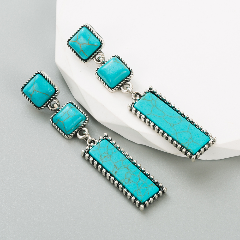 Ethnic Style Square Rectangle Alloy Inlay Turquoise Womenu0027S Drop Earrings 1 Pair