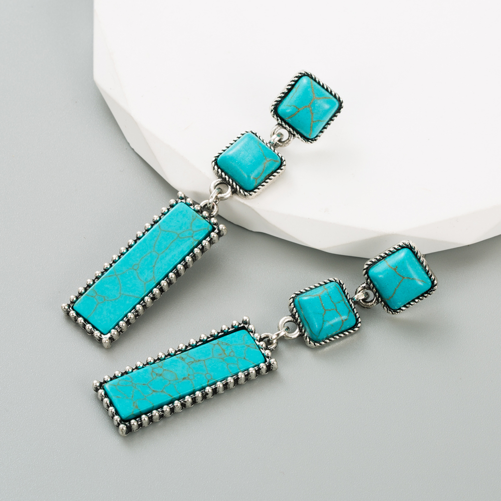 Ethnic Style Square Rectangle Alloy Inlay Turquoise Womenu0027S Drop Earrings 1 Pair