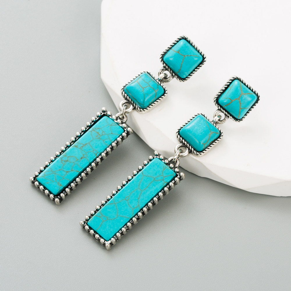 Ethnic Style Square Rectangle Alloy Inlay Turquoise Womenu0027S Drop Earrings 1 Pair