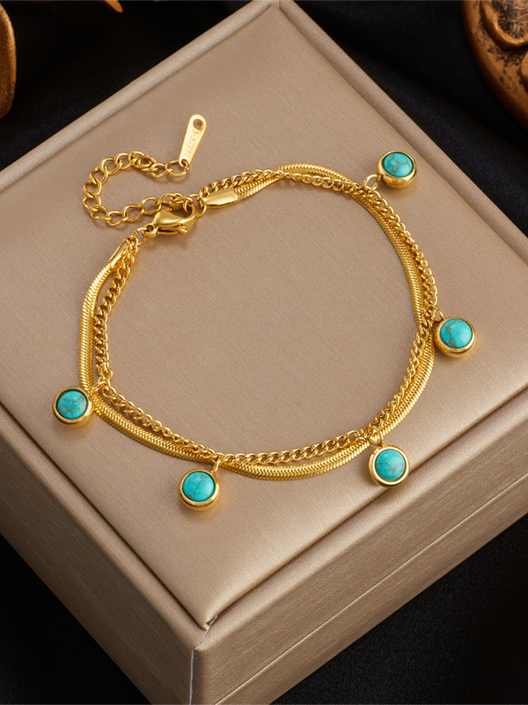 Retro Titanium Steel Layered Inlay Turquoise Bracelets 1 Piece