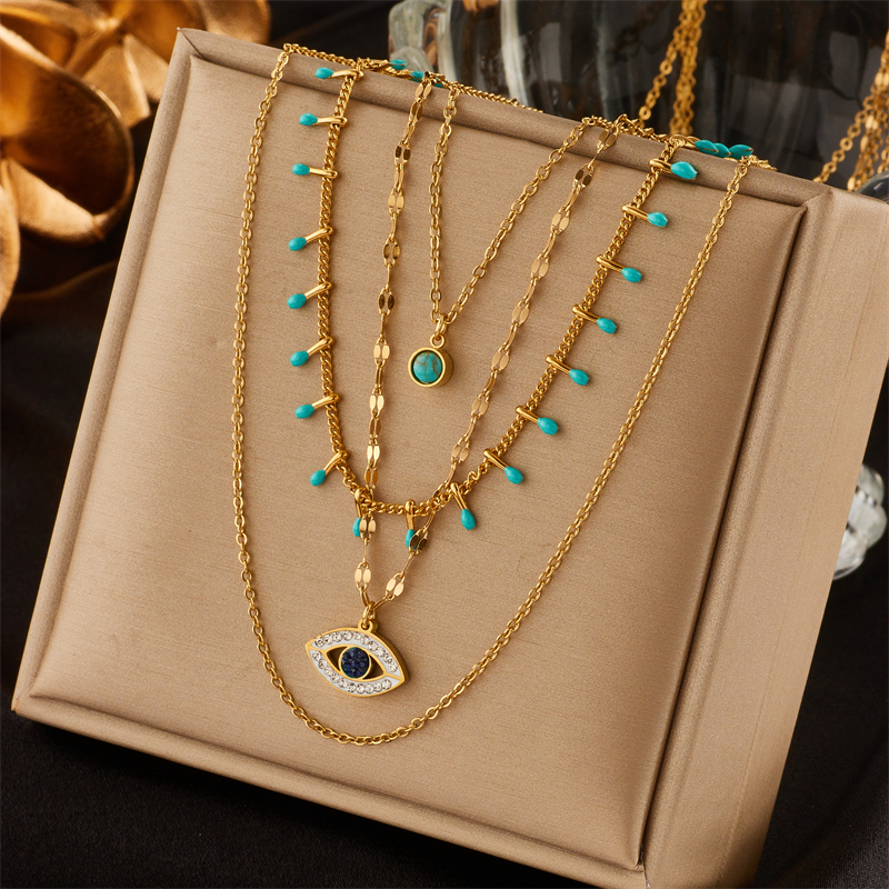 Retro Eye Titanium Steel Inlay Turquoise Zircon Layered Necklaces 1 Piece