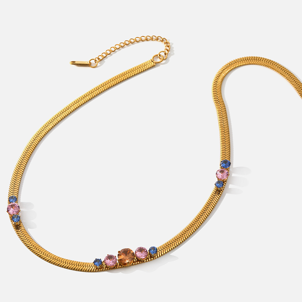 Fashion Round Stainless Steel Gold Plated Inlay Zircon Necklace 1 Piece