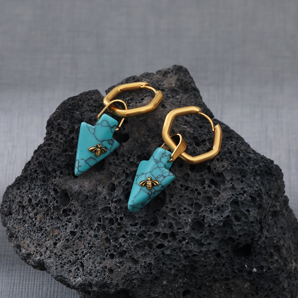 Fashion Bee Stainless Steel Natural Stone Gold Plated Drop Earrings 1 Pair