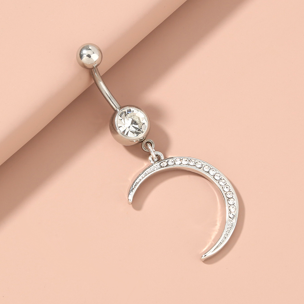 Nordic Style Moon Heart Shape Stainless Steel Inlay Zircon Belly Ring 1 Piece