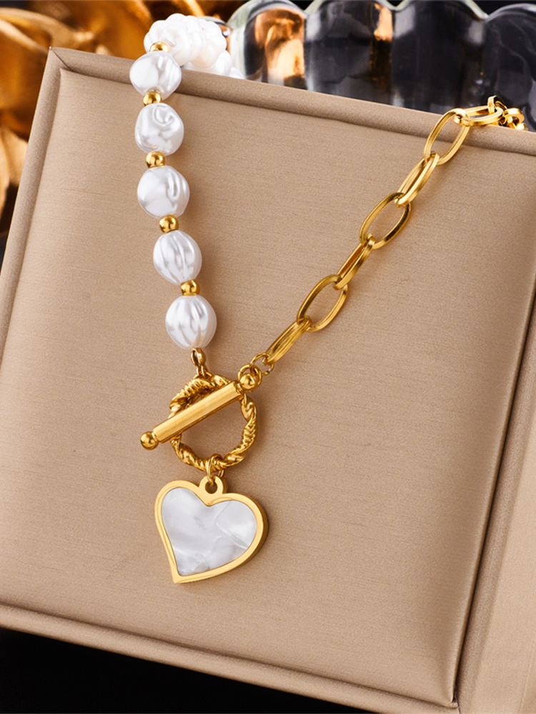 Fashion Heart Shape Titanium Steel Pearl Gold Plated Inlay Shell Pendant Necklace 1 Piece