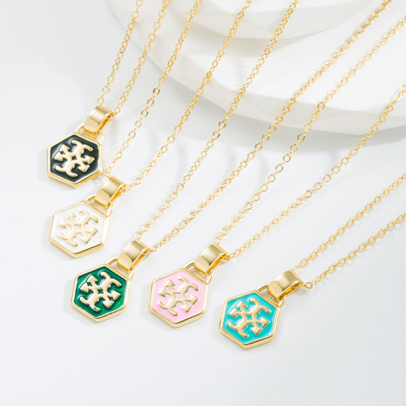 Vintage Style Hexagon Copper Enamel Pendant Necklace 1 Piece