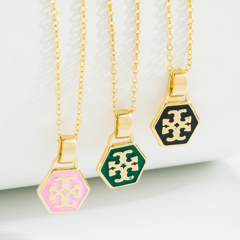 Vintage Style Hexagon Copper Enamel Pendant Necklace 1 Piece
