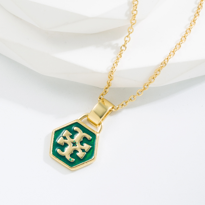 Vintage Style Hexagon Copper Enamel Pendant Necklace 1 Piece