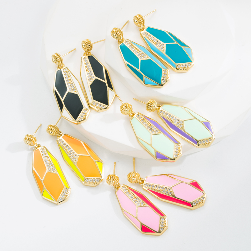 Fashion Irregular Geometric Copper Enamel Gold Plated Zircon Drop Earrings 1 Piece