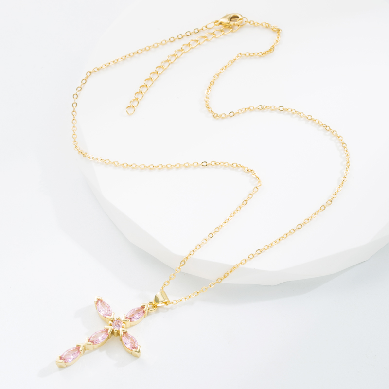 British Style Cross Copper Gold Plated Zircon Pendant Necklace 1 Piece