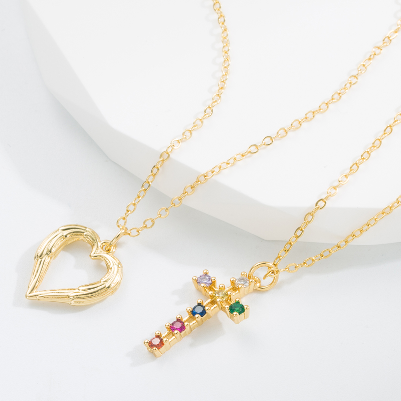 Fashion Cross Heart Shape Copper Gold Plated Zircon Pendant Necklace 1 Piece