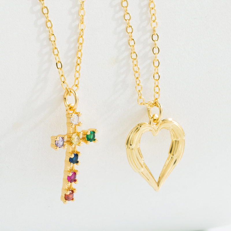 Fashion Cross Heart Shape Copper Gold Plated Zircon Pendant Necklace 1 Piece