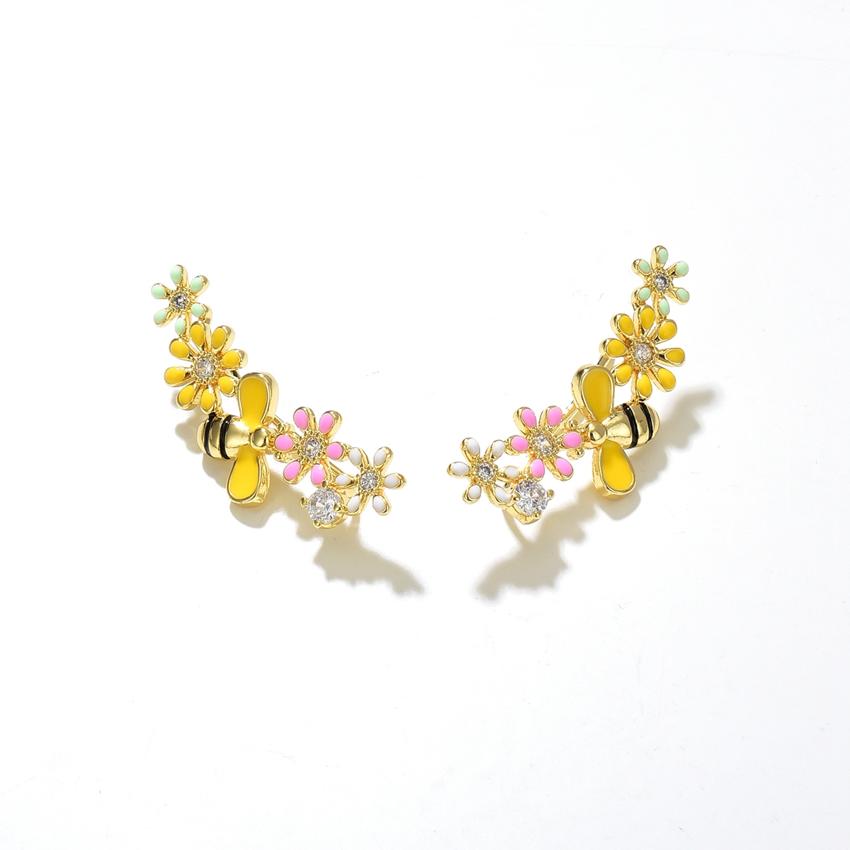 Fashion Flower Bee Copper Inlay Zircon Ear Studs 1 Pair