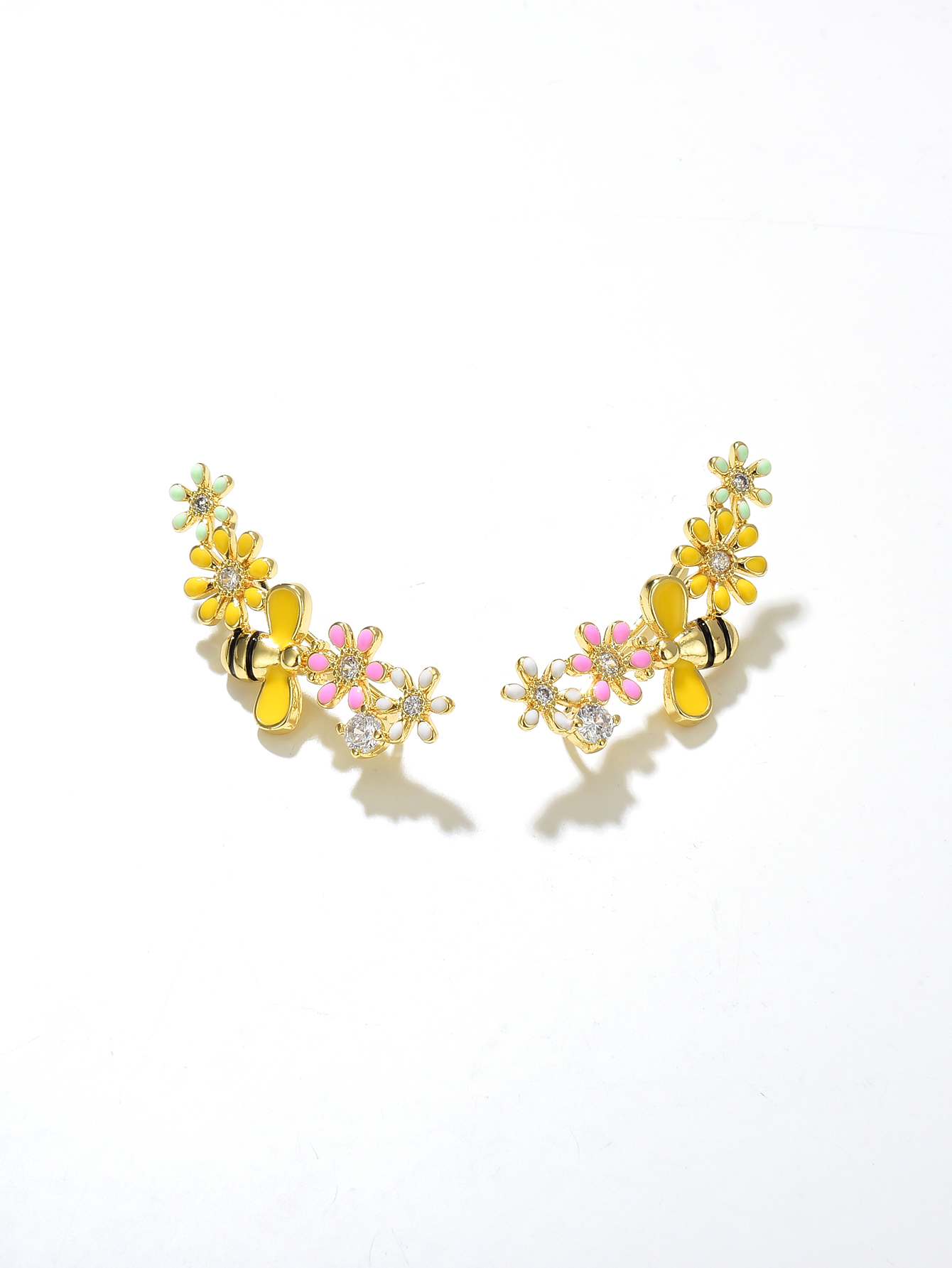 Fashion Flower Bee Copper Inlay Zircon Ear Studs 1 Pair