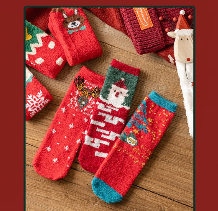 Womenu0027S Sweet Santa Claus Snowflake coral fleece Jacquard Crew Socks