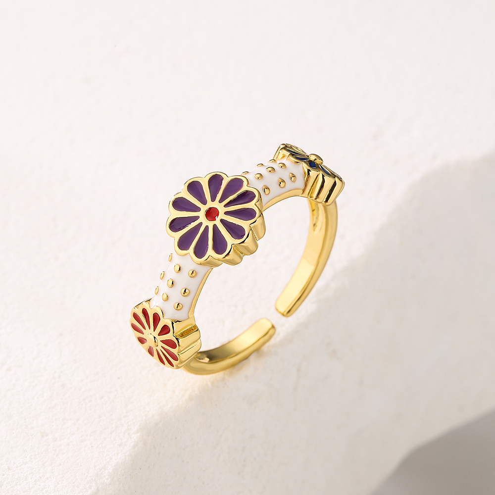 Fashion Flower Copper Enamel Gold Plated Open Ring 1 Piece