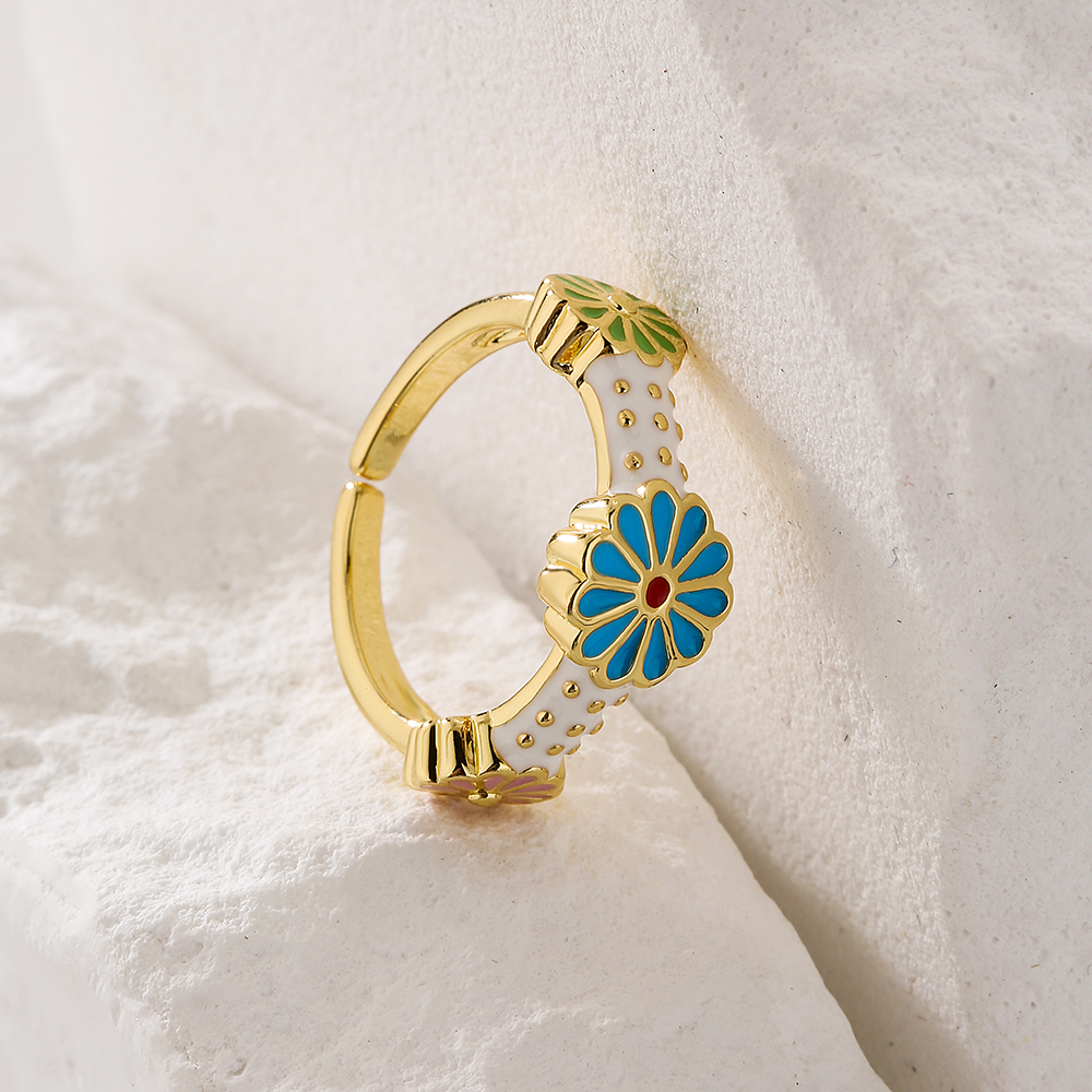 Fashion Flower Copper Enamel Gold Plated Open Ring 1 Piece
