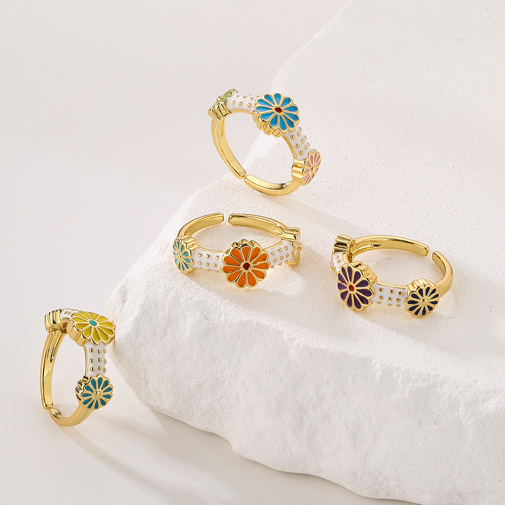 Fashion Flower Copper Enamel Gold Plated Open Ring 1 Piece