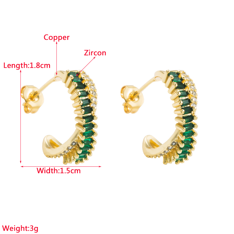 Elegant C Shape Copper Gold Plated Zircon Earrings 1 Pair