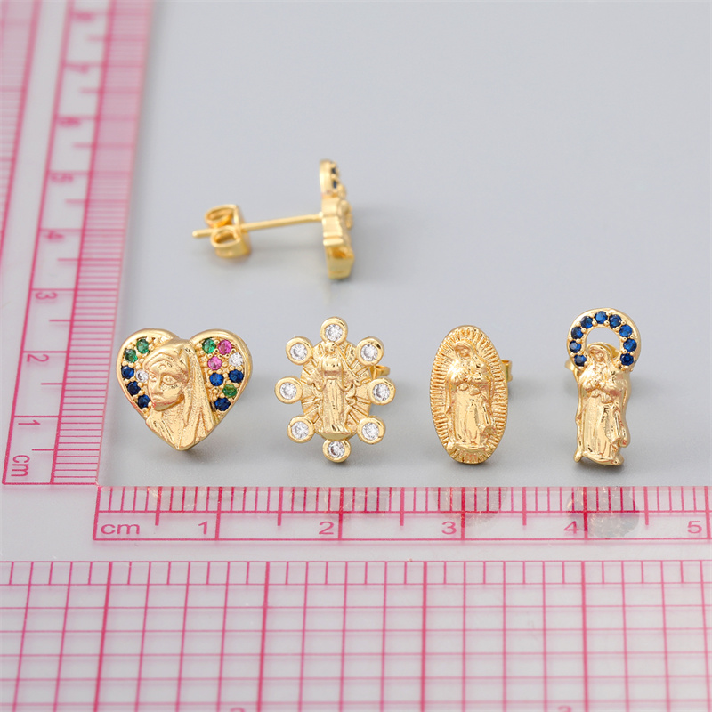 Vintage Style Human Heart Shape Copper Inlay Zircon Gold Plated Ear Studs 1 Pair
