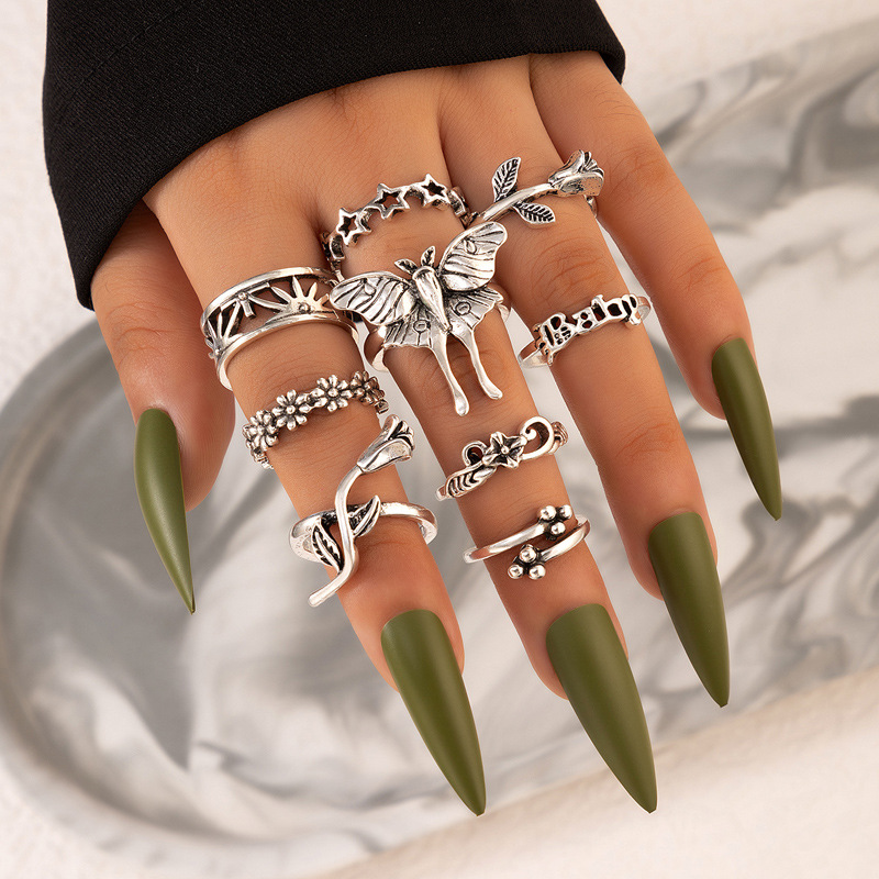 Vintage Style Star Rose Butterfly Alloy Hollow Out Unisex Rings 9 Pieces