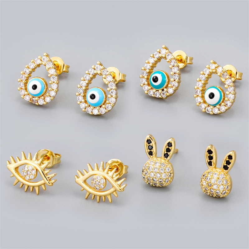 Retro Rabbit Devilu0027S Eye Water Droplets Copper Enamel Zircon Gold Plated Ear Studs 1 Pair