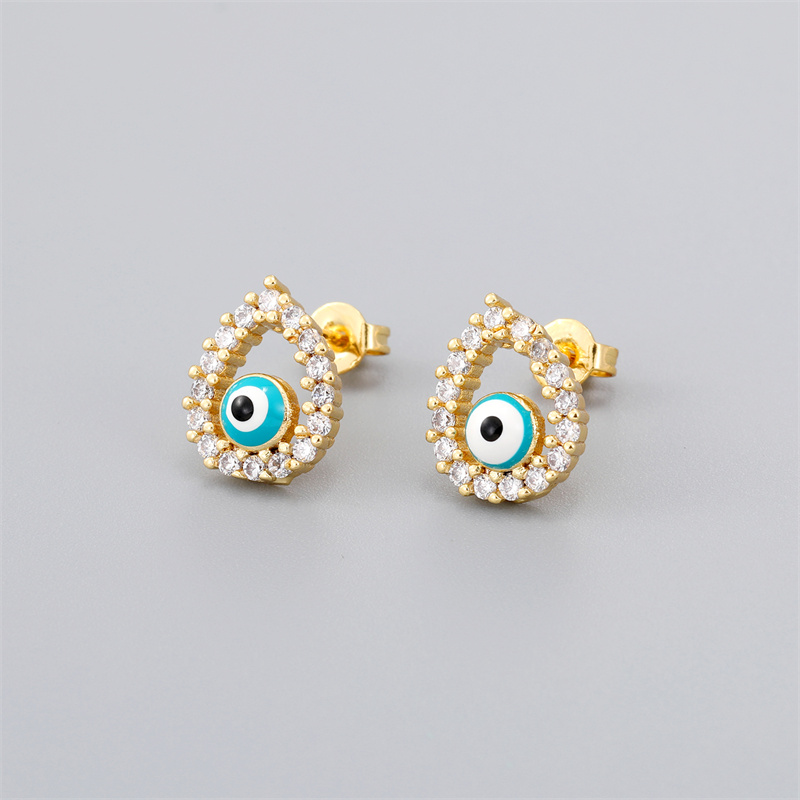 Retro Rabbit Devilu0027S Eye Water Droplets Copper Enamel Zircon Gold Plated Ear Studs 1 Pair