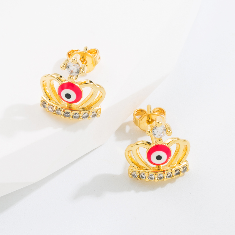 Retro Devilu0027S Eye Crown Copper Gold Plated Zircon Ear Studs 1 Pair