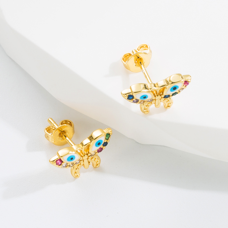 Retro Devilu0027S Eye Butterfly Copper Gold Plated Zircon Ear Studs 1 Pair