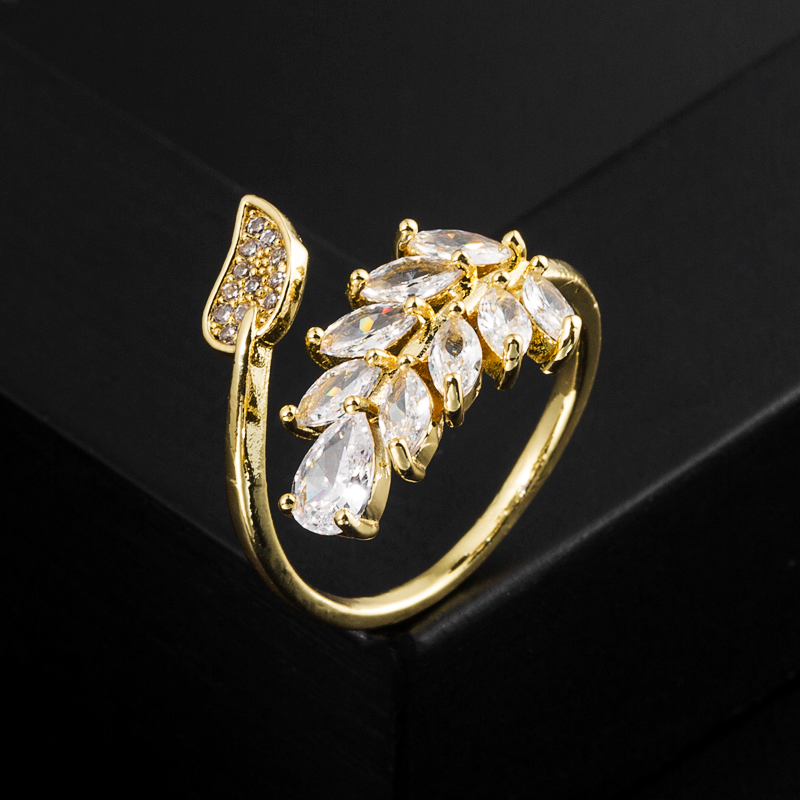 Elegant Leaf Copper Layered Gold Plated Zircon Open Ring 1 Pair