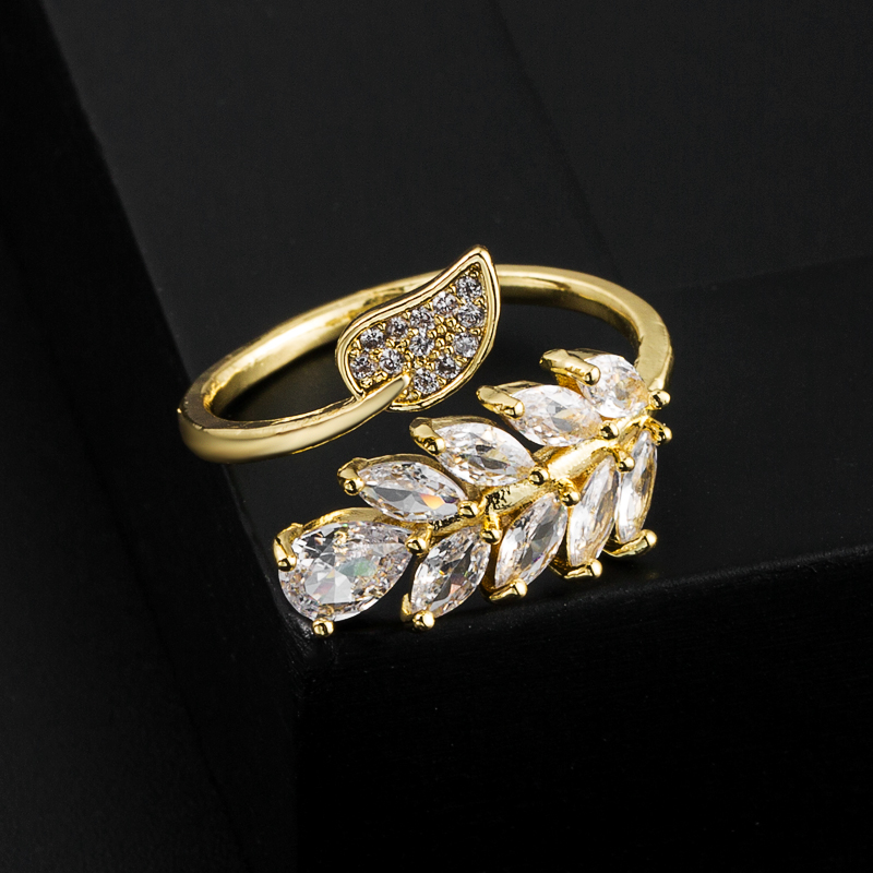 Elegant Leaf Copper Layered Gold Plated Zircon Open Ring 1 Pair