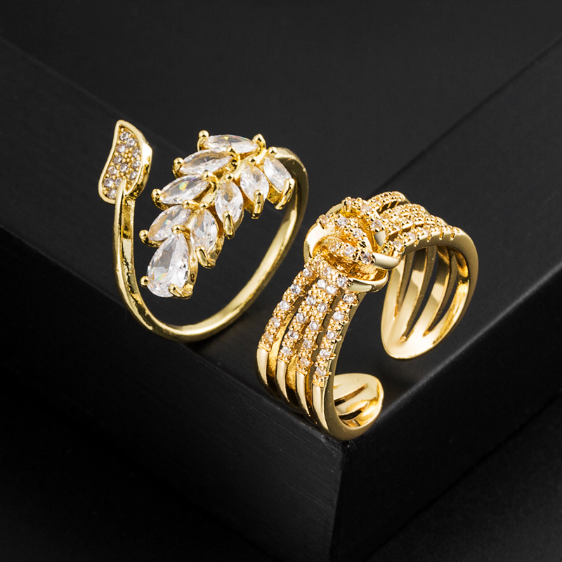 Elegant Leaf Copper Layered Gold Plated Zircon Open Ring 1 Pair