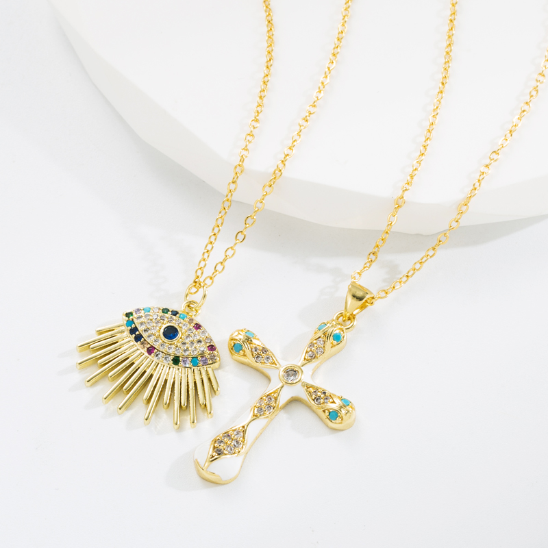 Fashion Cross Devilu0027S Eye Copper Enamel Gold Plated Zircon Pendant Necklace 1 Piece