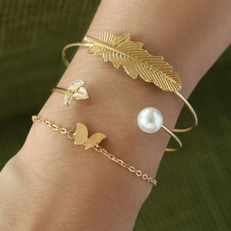 Fashion Leaf Butterfly Alloy Plating Artificial Pearls Unisex Bangle 3 Piece Set