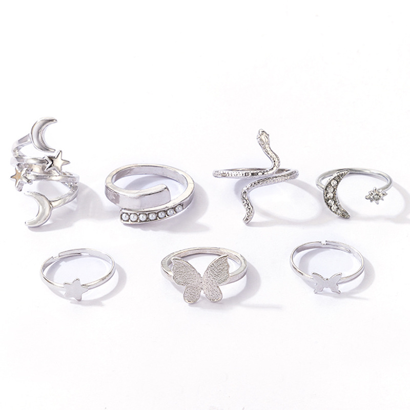 Simple Style Star Snake Butterfly Alloy Inlay Artificial Pearls Unisex Rings 7 Pieces