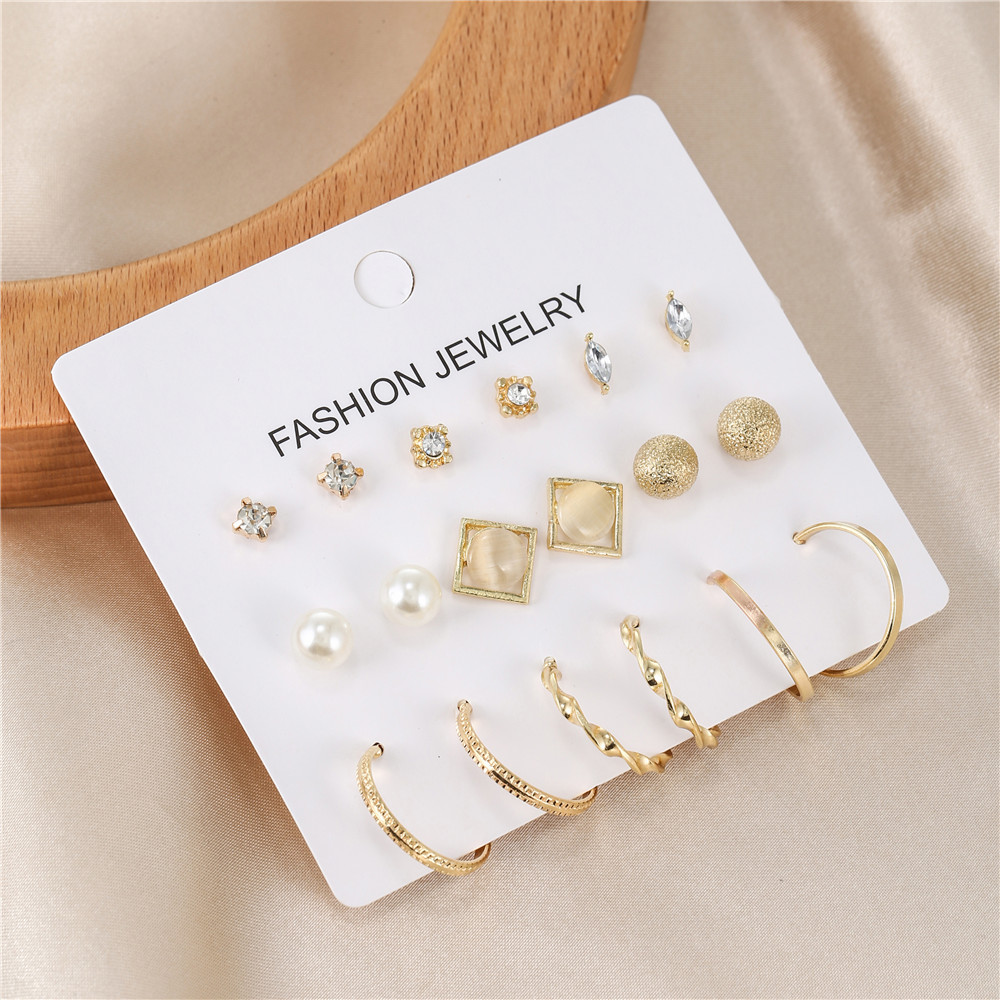 Fashion C Shape Square Alloy Inlay Artificial Pearls Rhinestones Womenu0027S Earrings 9 Pairs