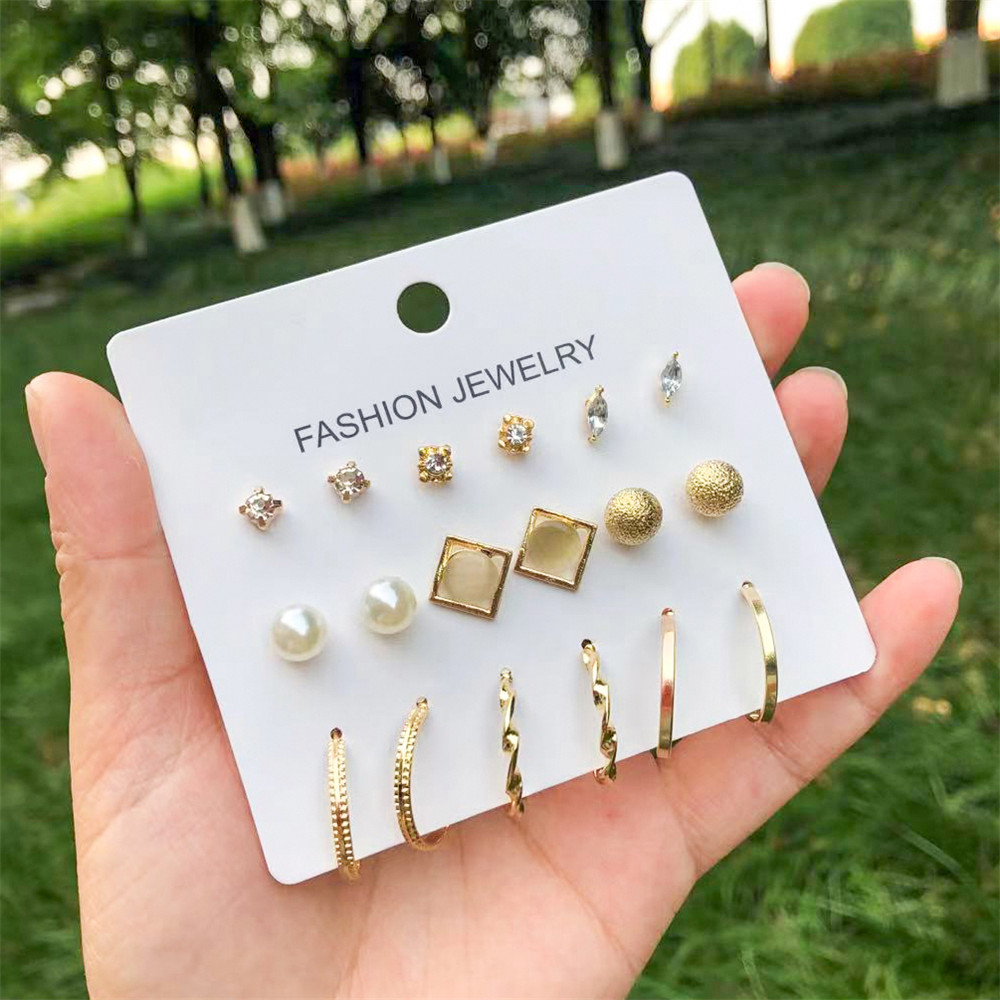 Fashion C Shape Square Alloy Inlay Artificial Pearls Rhinestones Womenu0027S Earrings 9 Pairs