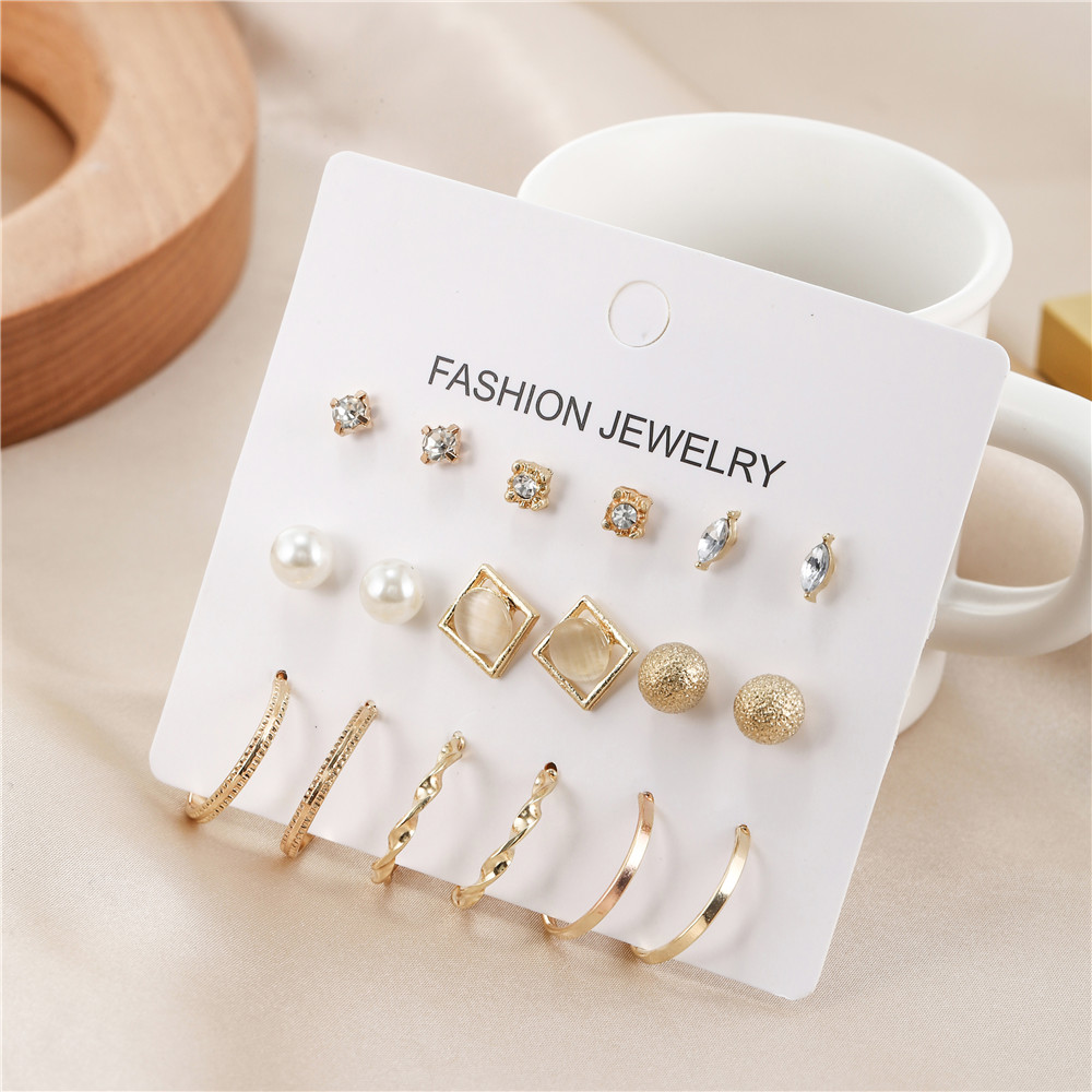 Fashion C Shape Square Alloy Inlay Artificial Pearls Rhinestones Womenu0027S Earrings 9 Pairs