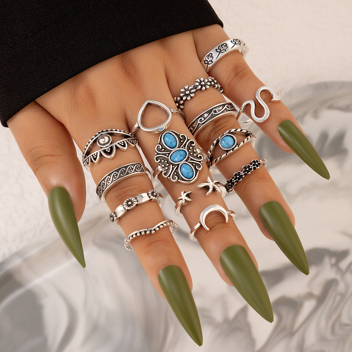 Fashion Devilu0027S Eye Flower Alloy Carving Turquoise Unisex Rings 14 Pieces