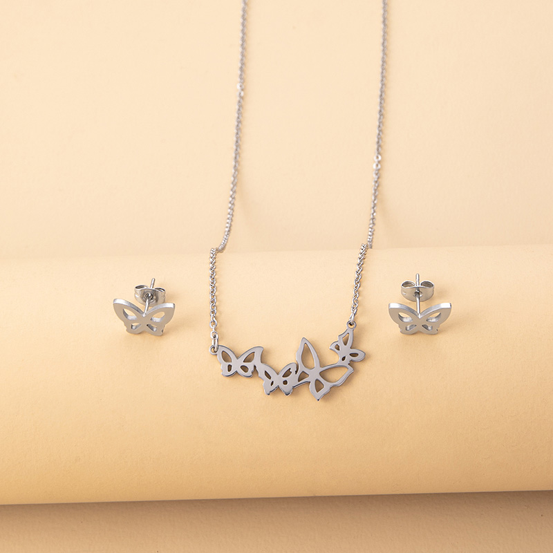 Fashion Butterfly Stainless Steel Hollow Out Jewelry Set 1 Set