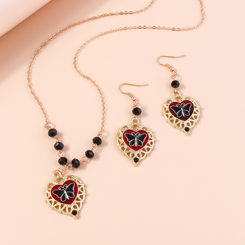 Retro Heart Shape Butterfly Alloy Inlay Zircon Womenu0027S Earrings Necklace 1 Set