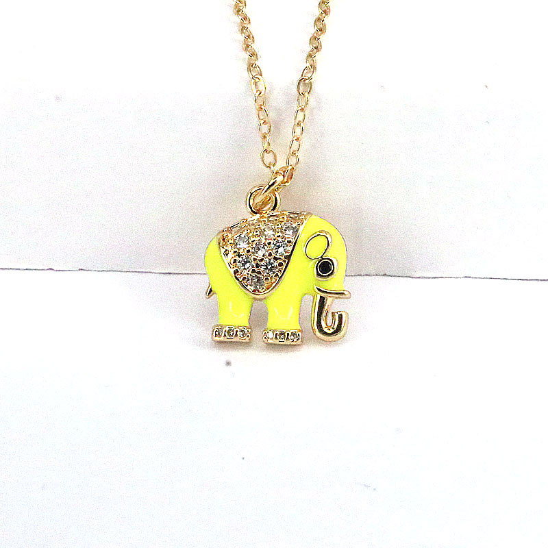 Fashion Animal Elephant Copper Enamel Gold Plated Zircon Pendant Necklace 1 Piece