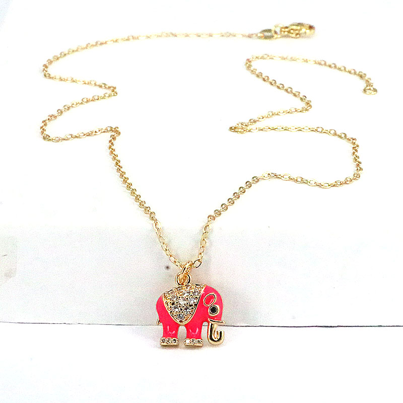 Fashion Animal Elephant Copper Enamel Gold Plated Zircon Pendant Necklace 1 Piece