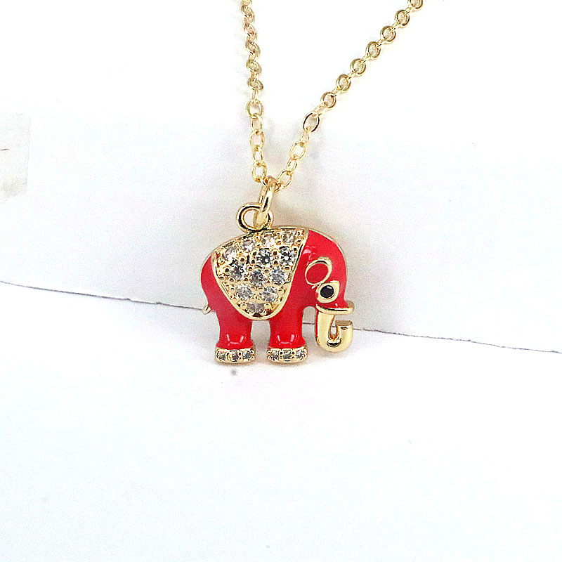 Fashion Animal Elephant Copper Enamel Gold Plated Zircon Pendant Necklace 1 Piece