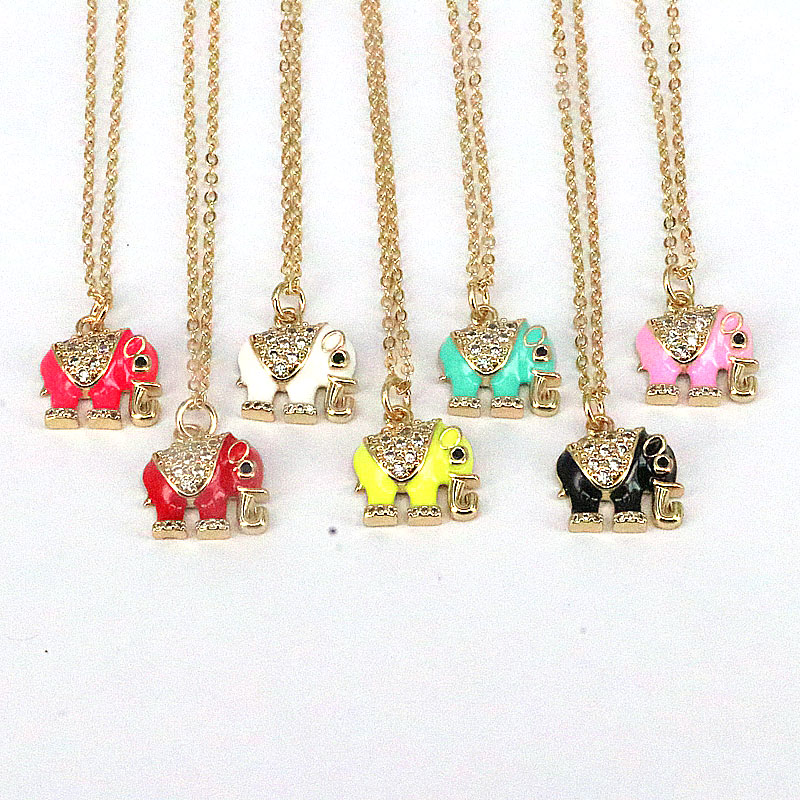 Fashion Animal Elephant Copper Enamel Gold Plated Zircon Pendant Necklace 1 Piece